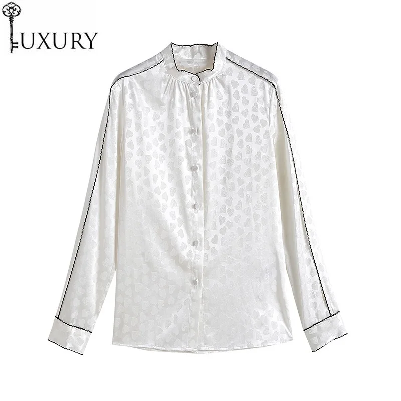 Blouse Shirts 2020 100%Silk Summer Style Women Sweetheart Love Print Color Block Patchwork Long Sleeve White Black Elegant Shirt
