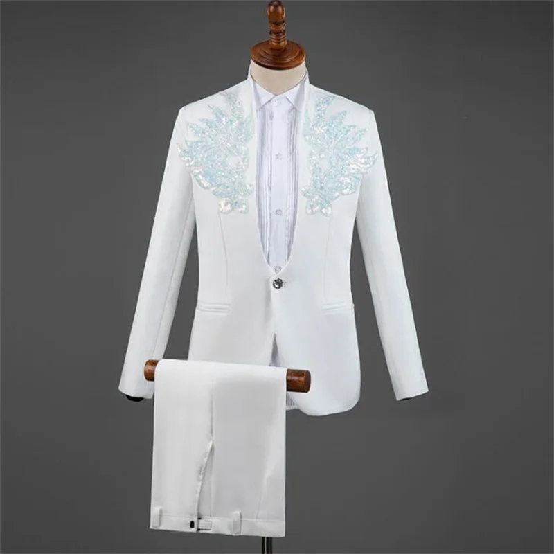 Blazer men groom suit set pants mens wedding suits sequin singer star style stage standing collar chorus clothing formal dress