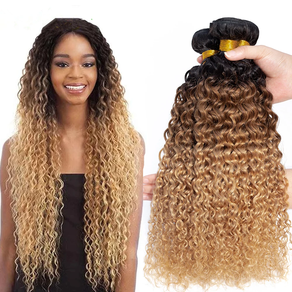 

Ombre Kinky Curly Hair Malaysian Human Hair Weave Bundles 1b/30/27 Remy Hair Extensions Three Tone Blonde Bundles 3 /4 Bundles