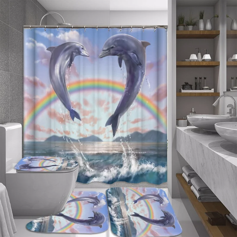

New 3D Print Bathroom Sets Ocean Dolphin Elephant Shower Curtain With 12 Hooks Pedestal Rug Lid Toilet Cover Bath Mat Set