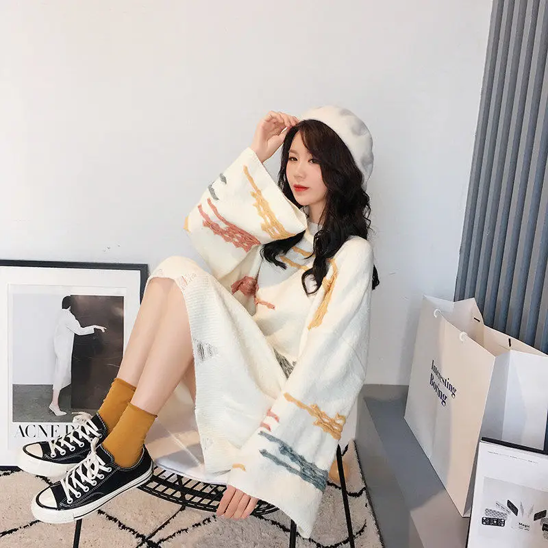 

Woman Sweaters Sweaters Women's Clothing Autumn Loose Mid-Length Flare Sleeve Sweater Femme Chandails Pull Hiver