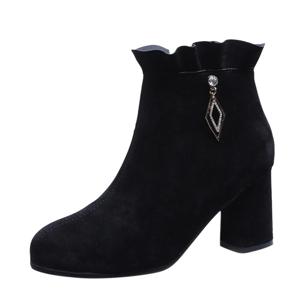 Женские ботинки с боковой молнией и стразами ботильоны на квадратном каблуке