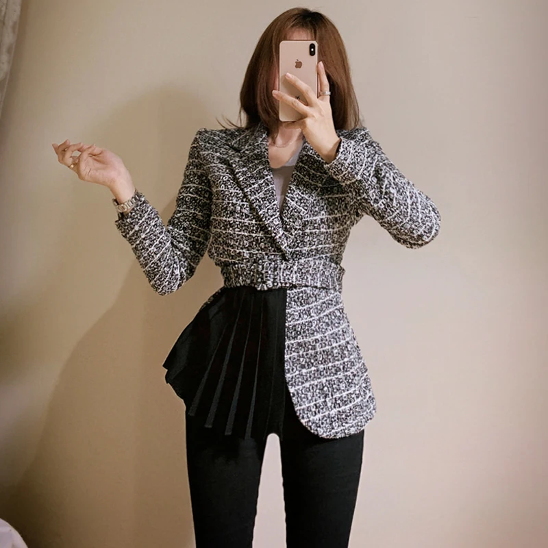 

Plaid Blazer 2021 Women's Spring-Autumn Vintage Tweed Suits Jackets Office Ladies Chic Belted Slim Pleated Patchwork Tops Coat