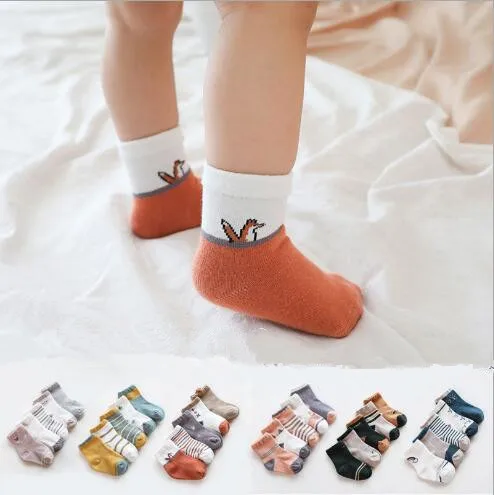 5Pairs/lot Spring and autumn new baby tube socks combed cotton cartoon loose mouth infant newborn animal stripe socks