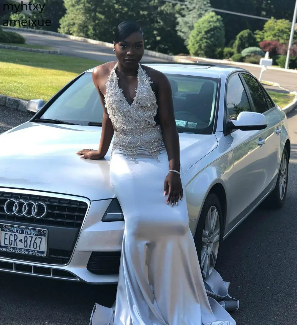 Женское длинное вечернее платье-русалка серебристое платье для выпускного