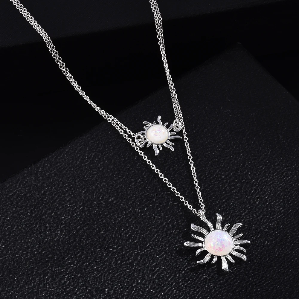 

Sunflower Two Layers Necklace Gold Silver Color Sun Opal Gem Pendant Choker Necklaces for Women Girls Wedding Gifts Jewelry