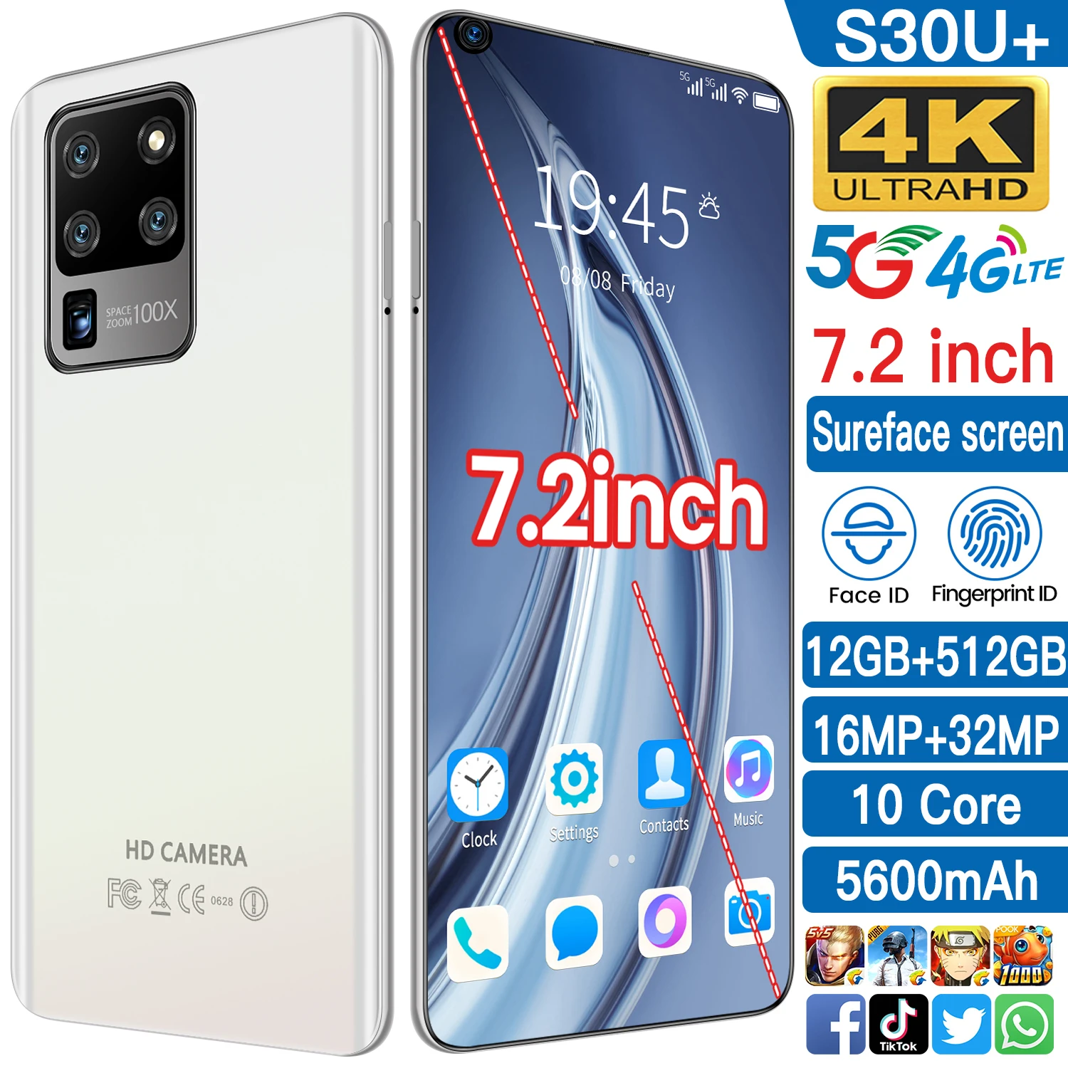

2021 Galxy S30U+ 7.2 Inch 10 Core 5600mAh 256GB/512GB 16+32MP Mobile Phone MTK6799 Fingerprint Unlock Global 5G Andriod Phone
