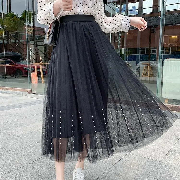 

Mesh skirt 2021 new high waist medium length A-line skirt Student Korean mesh skirt pleated Fairy Dress