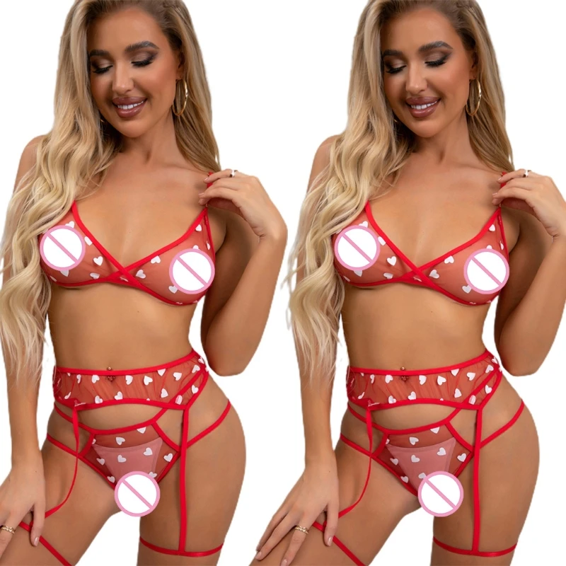 

X3UE 3 Pieces See Through High Cut Lingerie Micro Bikini Mini Yarn Mesh Transparent Underwear Suit for Women Birthday Presen
