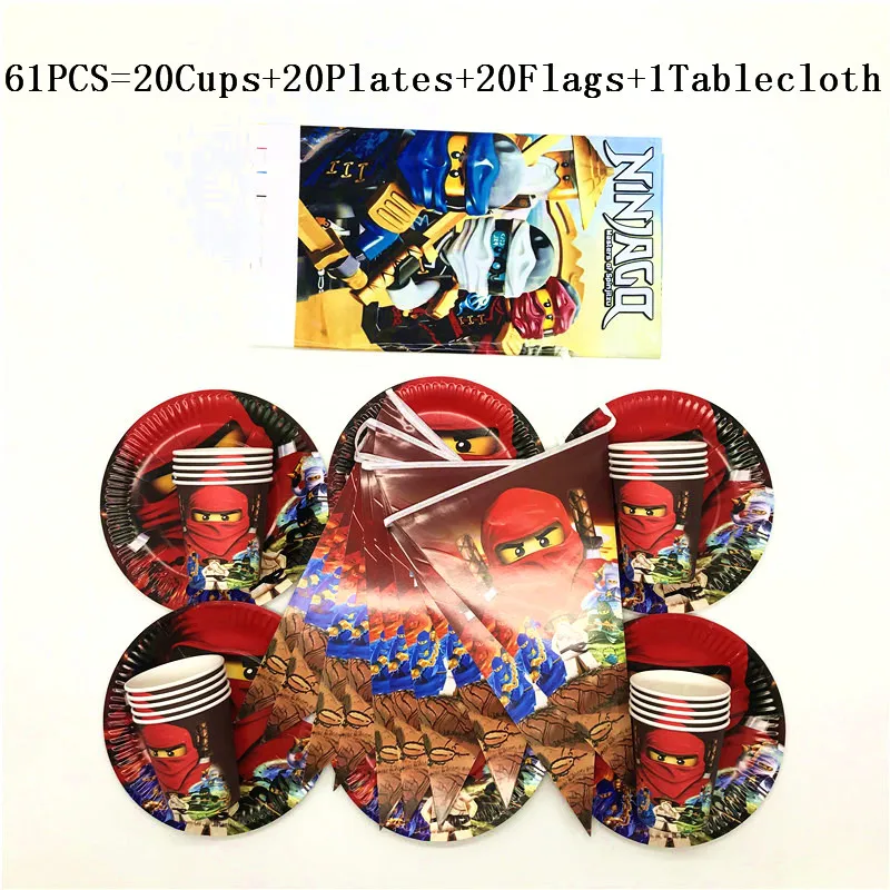

61Pcs Cartoon Young Boys Ninjago Kids Favor Tableware Boy Girl Birthday Plates Cups Flags TableCover Party Decorations Supply