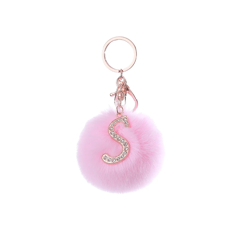 TEH Fluffy Pink Pompom Faux Rabbit Fur Ball Keychains Crystal Letters Key Rings Holder Trendy Jewelry Bag Accessories Gift | Украшения и