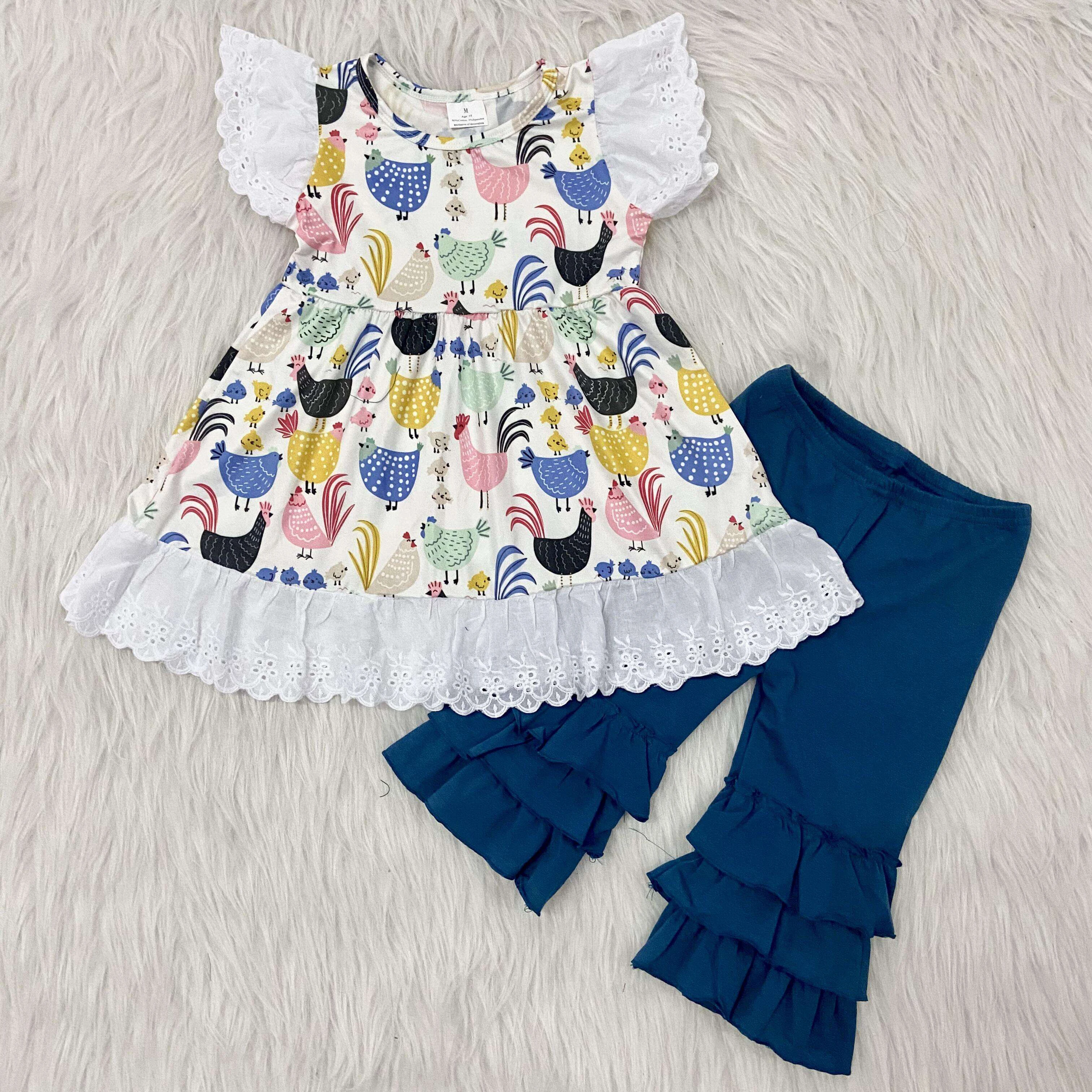 Hot summer lace rooster and hen farm style little girl top + three layer lotus leaf edge dark blue cotton pants boutique set | Мать и