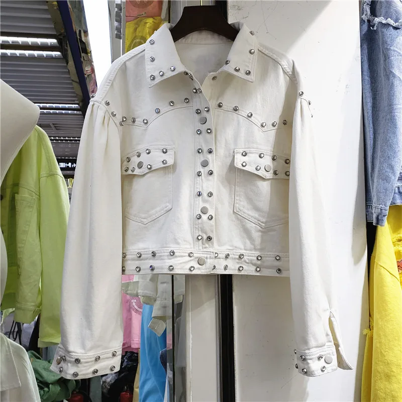 

Fashion Beaded Diamond Female Denim Jacket Loose Casual White Short Coat Spring Autumn 2021 Lapel Long Sleeve Women Jeans Jacket
