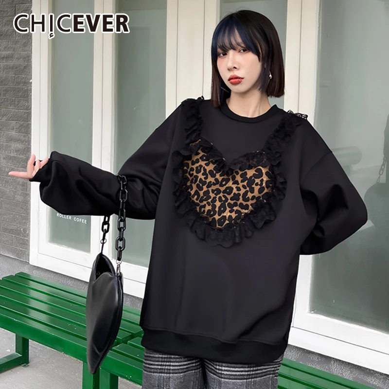 

CHICEVER Повседневная Лоскутная Толстовка с сердцем для женщин с круглым воротником и длинным рукавом, винтажные свитшоты, Женская корейская м...