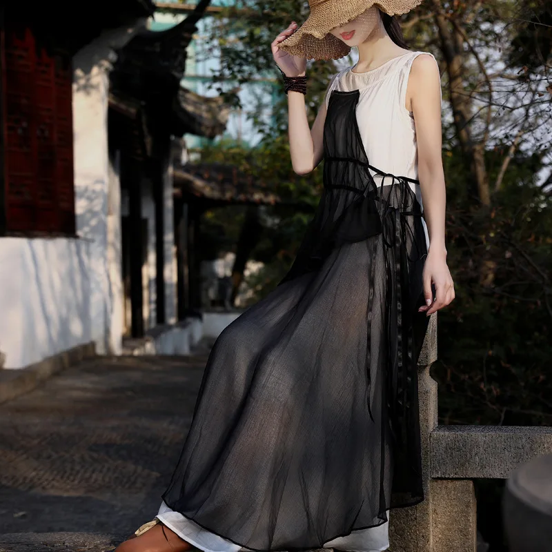 

SuperAen 2021 Summer New Casual Temperament Long Spaghetti Strap Dress Contrast Color Women Sling Dress Female