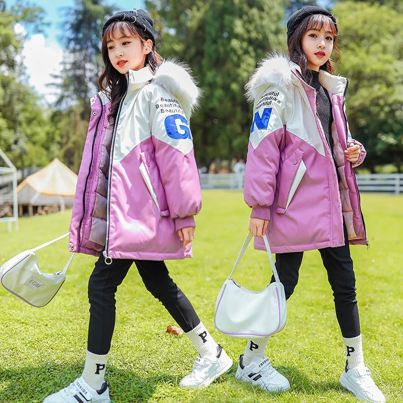 

Winter Jacket For Girls Children's Clothing Outdoor Sports Warm Long Color Contrast Artifical Fur Coat For 7-12 Years Kids Parka