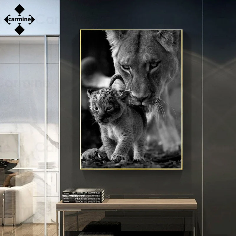 

Frameless Wall Art Painting Lion and Lion Baby Printing Picture Black and White Animals Poster and Print for Decoration for Home