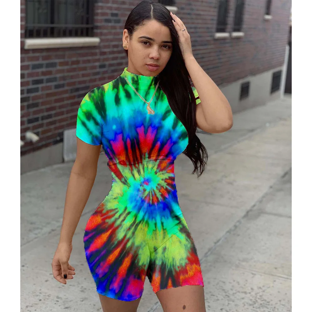 

HAOOHU Women Tie Dye Black Hole Print Short Sleeve Bodycon Playsuit Sexy Moto Biker Sport Bodysuit One Piece Romper Jumpsuit