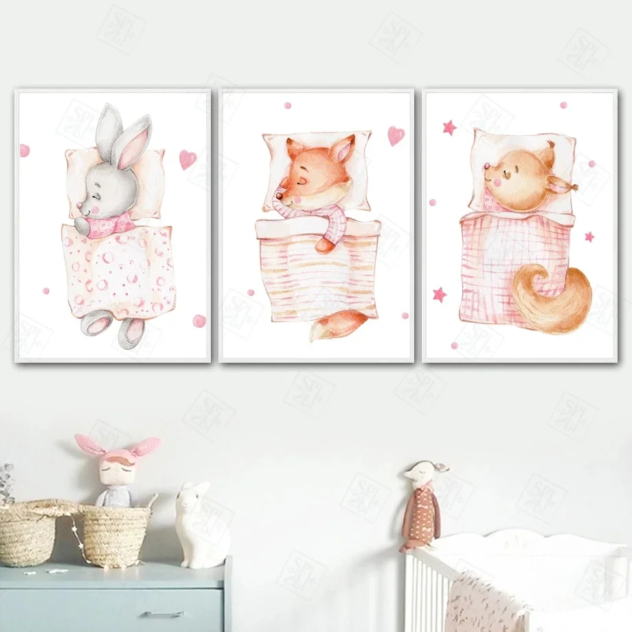 Картина на холсте с мультяшными животными декор для детской комнаты кролик
