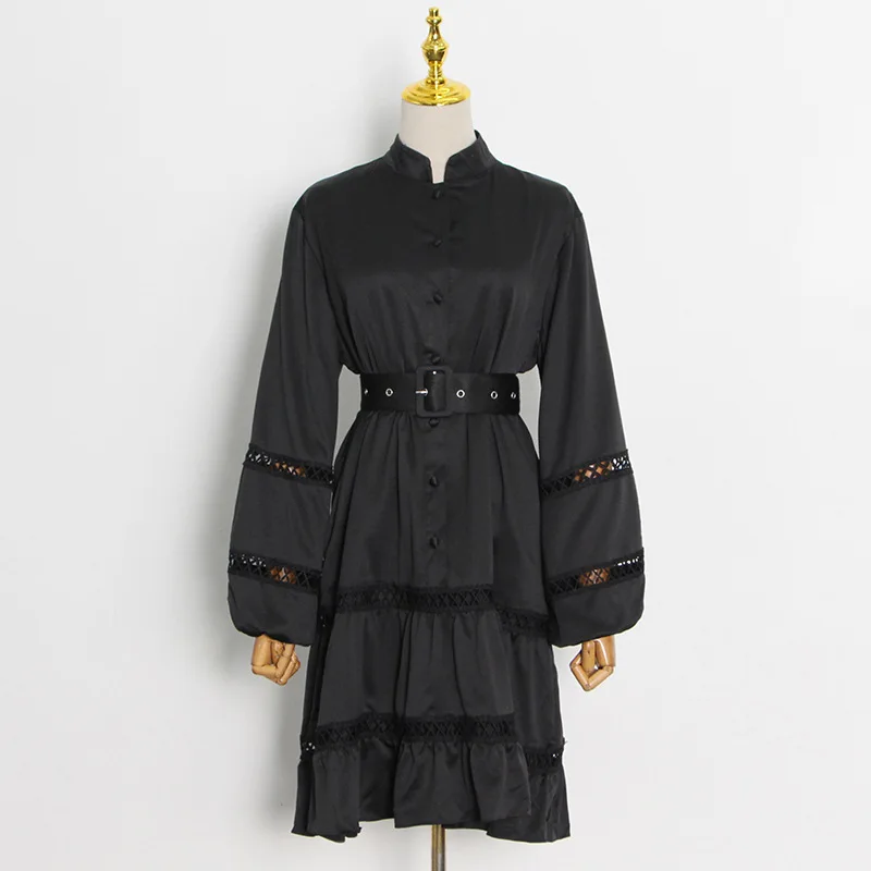 

Fall new stand-up collar lanternsleevehollow stitching solid color dress 2021 women's fashion single-breasted lace-upshort skirt