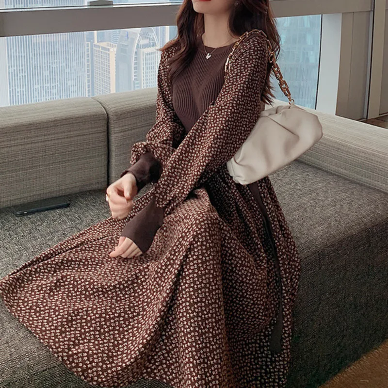

High Quality 2021 Spring Autumn New Women Dresses Knitted Patchwork Corduroy Floral Elegant Vintage Lady Party Long Dresses Robe