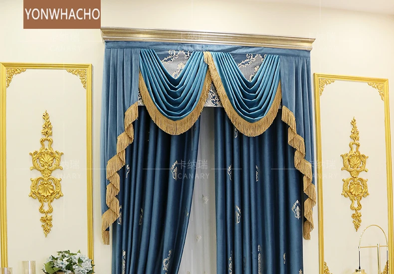 

Custom curtains high quality Luxury European Bronzing velvet living room blue cloth blackout curtain valance tulle panel B557