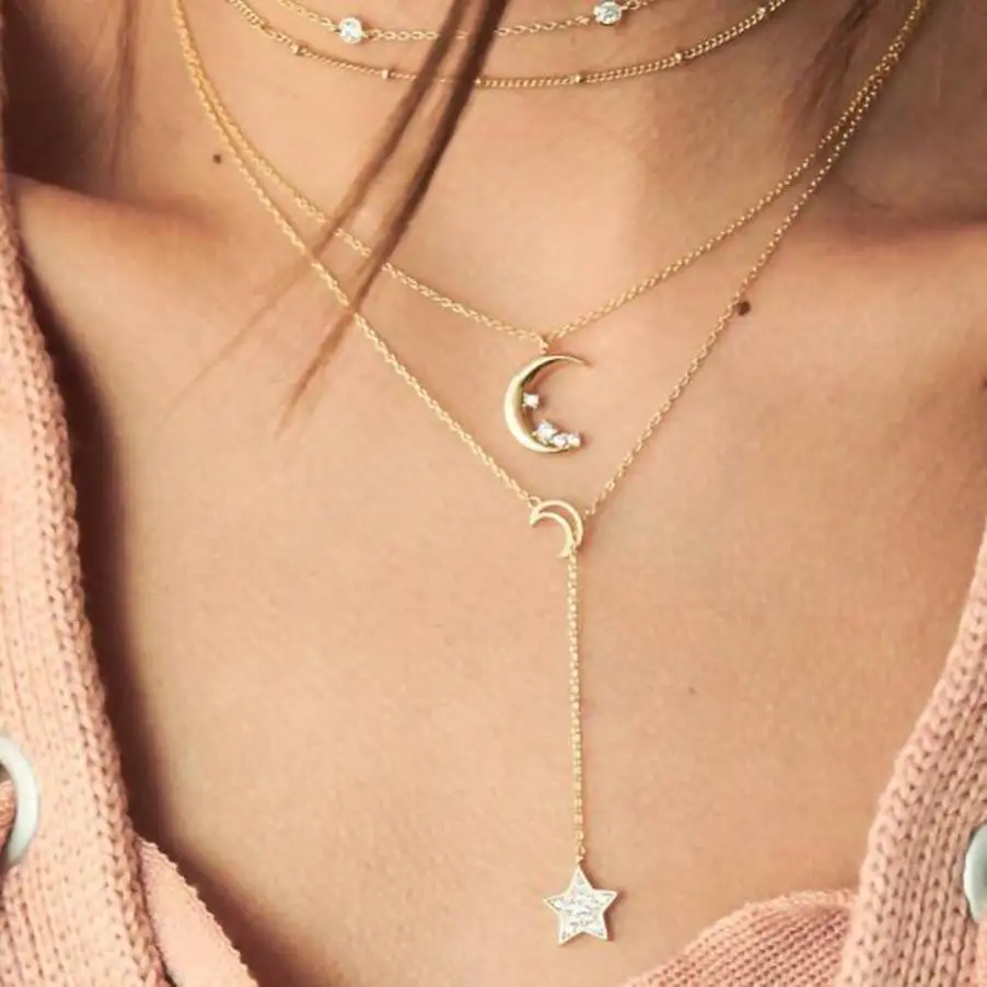 

Europe HOT star moon personality Fashion Business Accessories Star pendant Multilayer Choker necklace