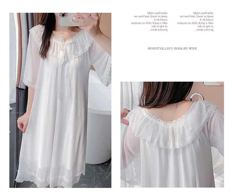 New Palace Style Nightdress Women's Summer Short Sleeve Korean Sexy Dress Lace Nightgown with Bra Home Skirt Lady Sleepwear