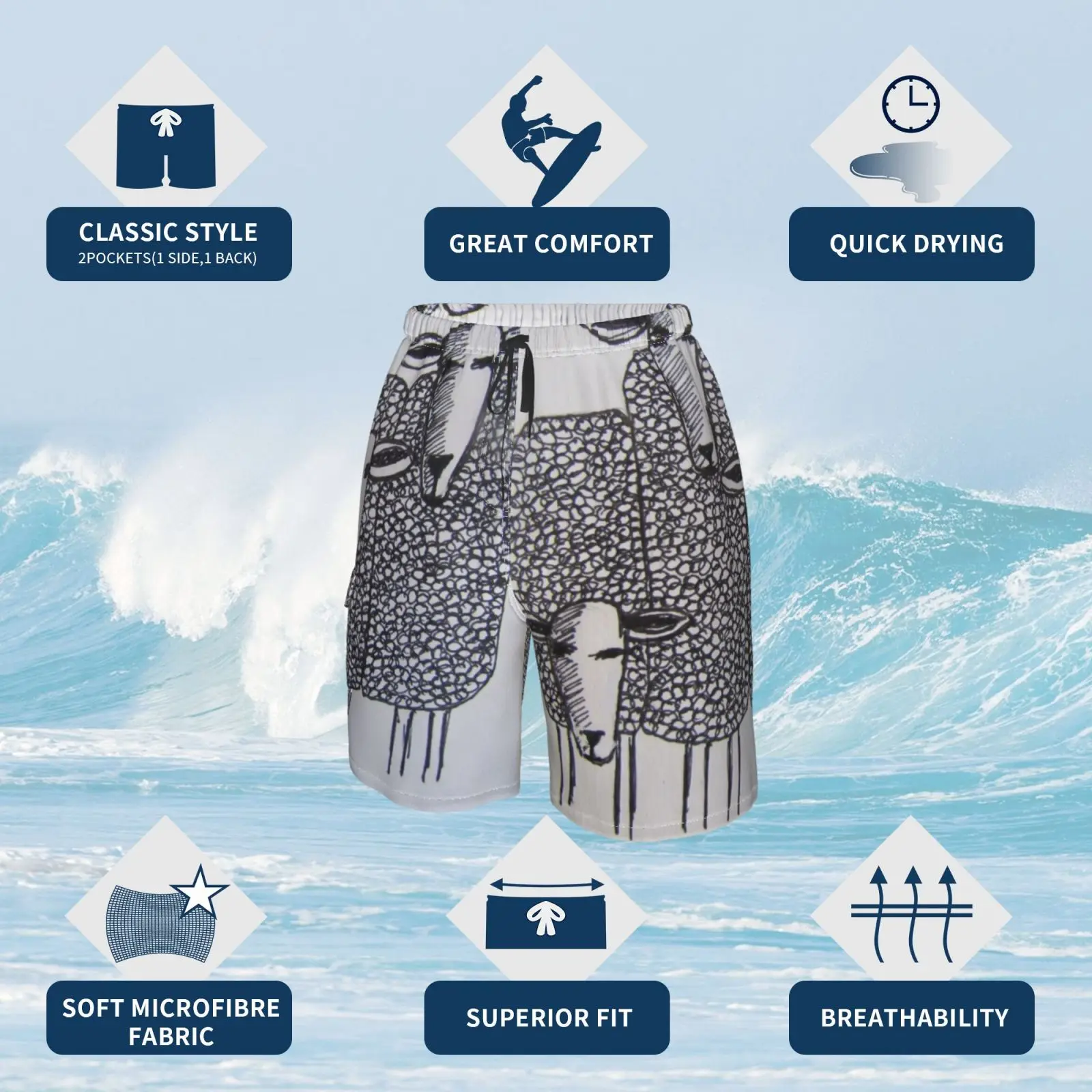 Пляжные шорты причудливая овца (рисунок) овчина ферма искусство сельская рисунок