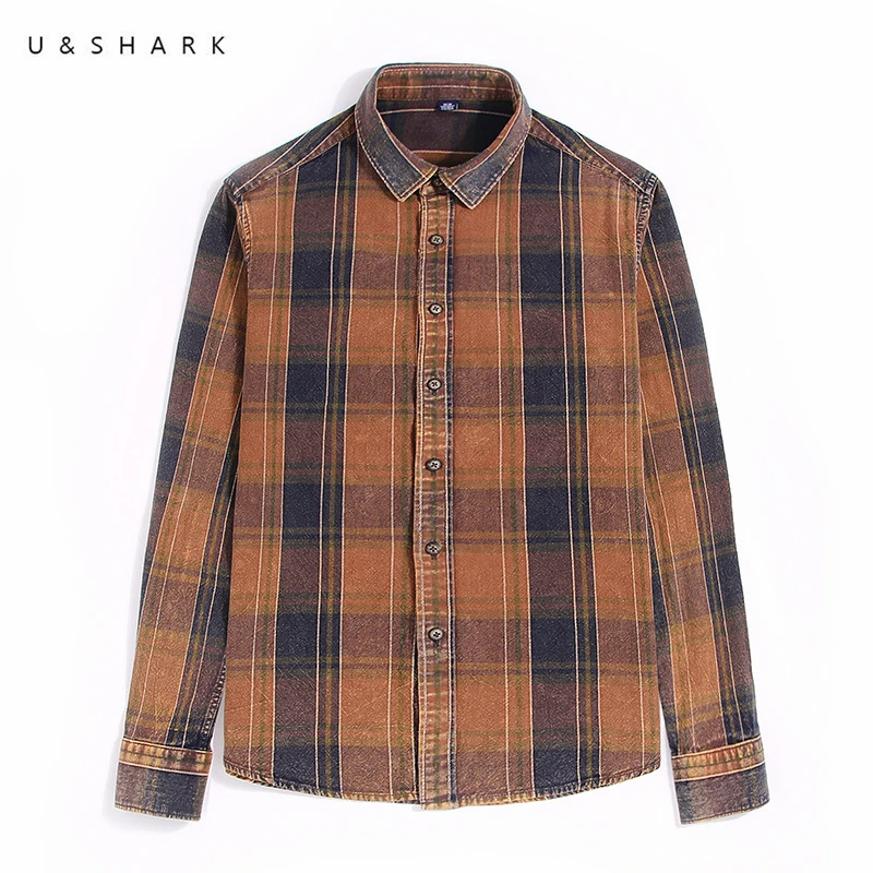 

U&SHARK Brown Plaid Casual Shirts Long Sleeve Spring Cotton Men Vintage Checkered Casual Shirt Social Male Camiseta Masculina