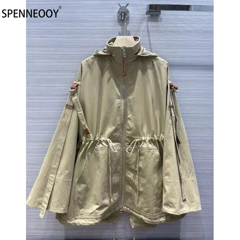 

SPENNEOOY Designer Brand Autumn Cotton Linen Khaki Hooded Long Trench Coat Women Fashion Long Sleeve Loose Overcoat Outwear