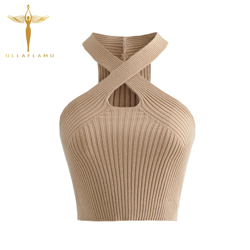 

Sexy Backless Skinny Crop Tops Women Front Cross Knit Rib Crop Vest Hollow Off-Shoulder Tank Tops Halter Y2K Tank Vest Female