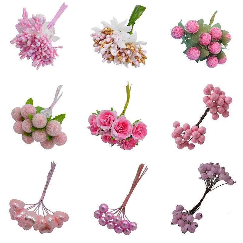 

Pink Artificial Flower Stamen Mixed Hybrid Flower Cherry Stamen Berries For DIY Christmas Wreath Craft Cake Wedding Decoration