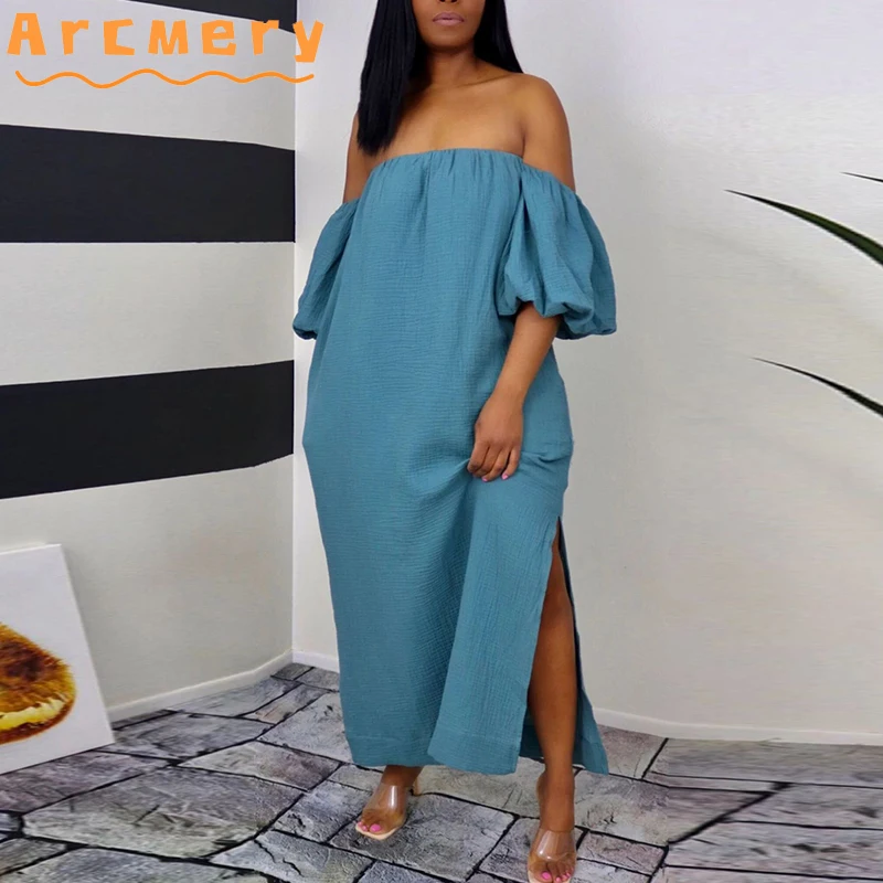 

Women Plus Size Solid Off Shoulder Puff Sleeve Slit Maxi Loose Dress