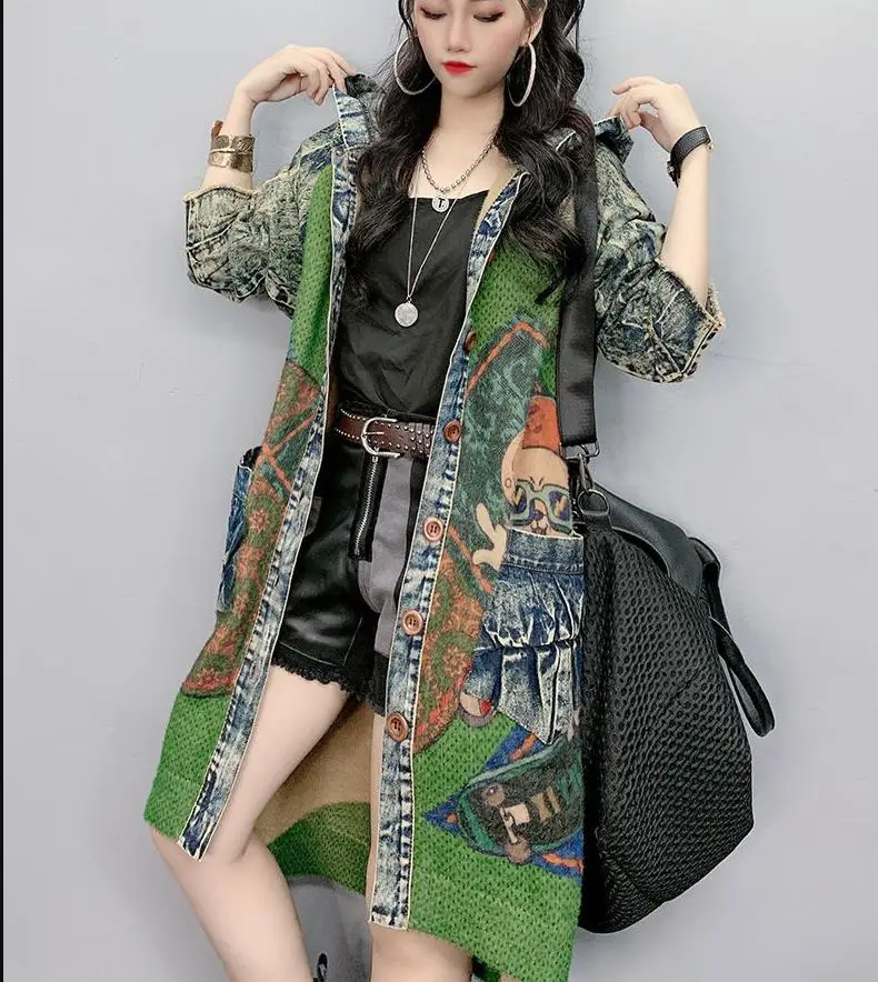 

Fall 2020 Women Hoodies Jean Jacket Women Denim Jackets New Loose Show Thin Spliced Ma Hai Knitted Long Plus Size Denim Coats