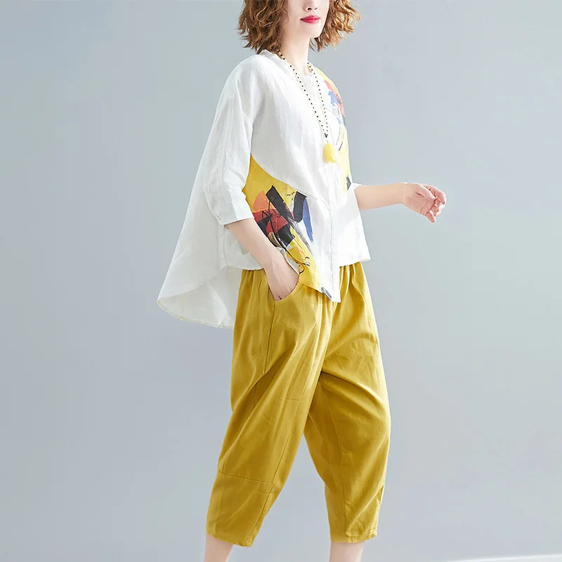 Женский костюм с круглым вырезом IEQJ офисный брюками длиной до середины икры