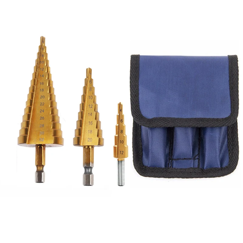 Набор ступенчатых сверл из быстрорежущей стали с титановым покрытием для дерева