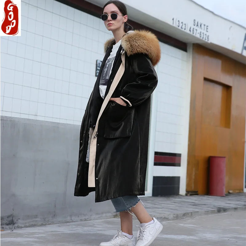 

Winter Real Fur Coat Female Natural Rabbit Fur Liner Jacket Large Fox Fur Hooded Clothes 2021 Korean Warm X-Long Coat 006