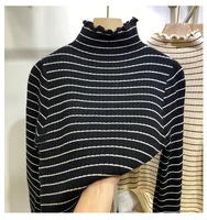 2021 autumn winter thick sweater women striped knitted ribbed pullover long sleeve turtleneck ruched slim jumper soft warm pull