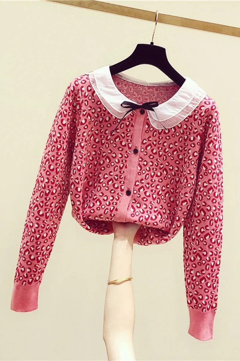 

2019 New Fall Winter Sweater Girls Sweet Doll Collar Butterfly Knot Leopard Long-sleeved Knit Top Cardigan Jacket Women Sweaters