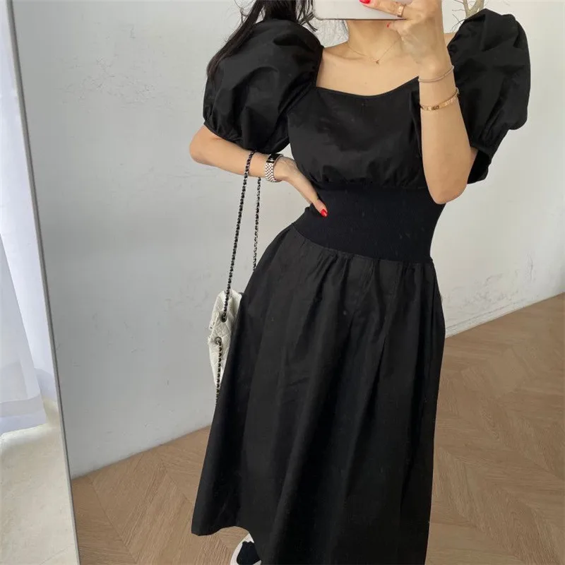 

2021 solid color puff sleeve square neck tie waist dress women