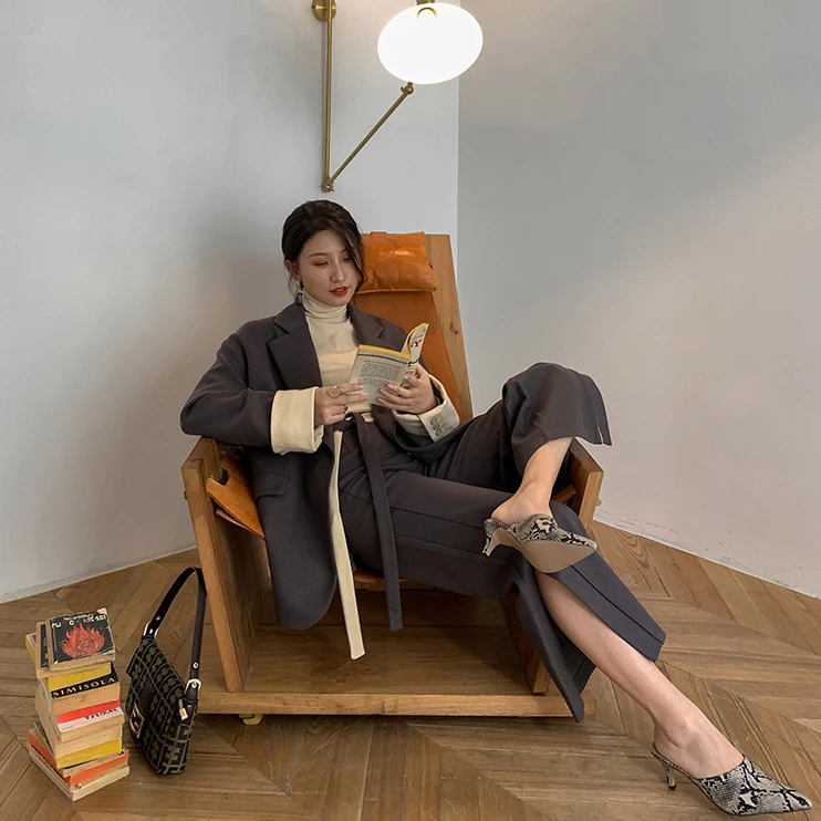 Женский шерстяной комплект из 2 предметов зимний пиджак кардиган и брюки с