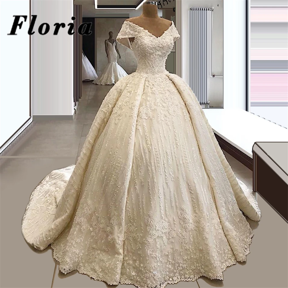 

Длинные свадебные платья цвета слоновой кости, с открытыми плечами, с аппликацией из бисера, в арабском стиле, Дубай