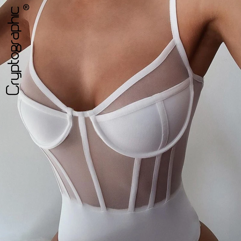 Женские сетчатые боди Cryptographic белые в полоску с открытой спиной без рукавов