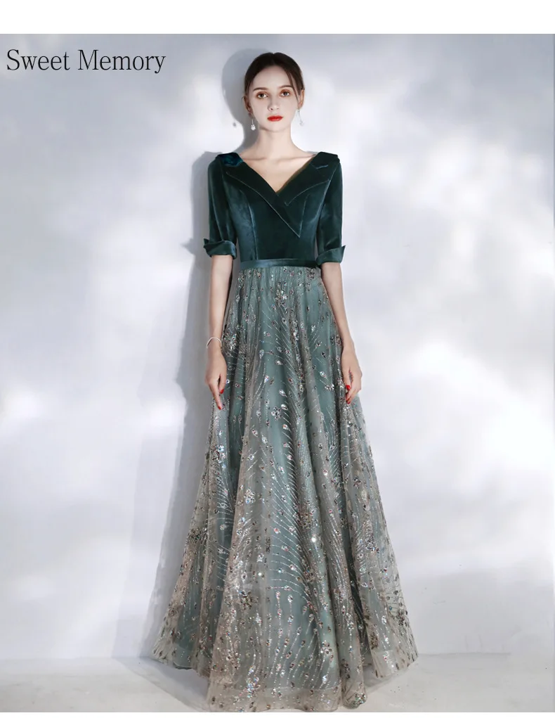 

N0158 Custom Made 2021 Half Sleeve Velour Evening Dresses Sweet Memory Floor-Length Formal Gown Vintage Wedding Party Vestidos