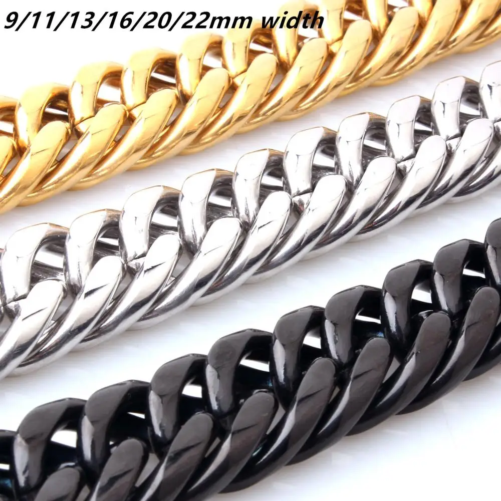 

7-40inch 9/11/13/16/20mm Gold Silver Black Color Cuban Curb Link Chain 316L Stainless Steel Necklace Mens Gift