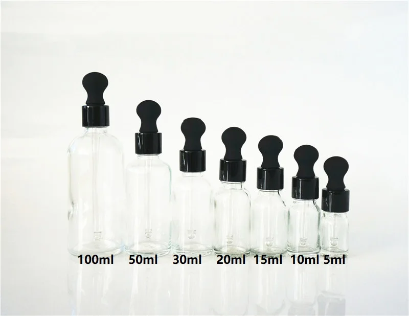 

5/10/15/20/30/50/100ml Clear Essential Oil Bottle Big Black Rubber Head Black Ring Dropper Cover Empty Glass Containers