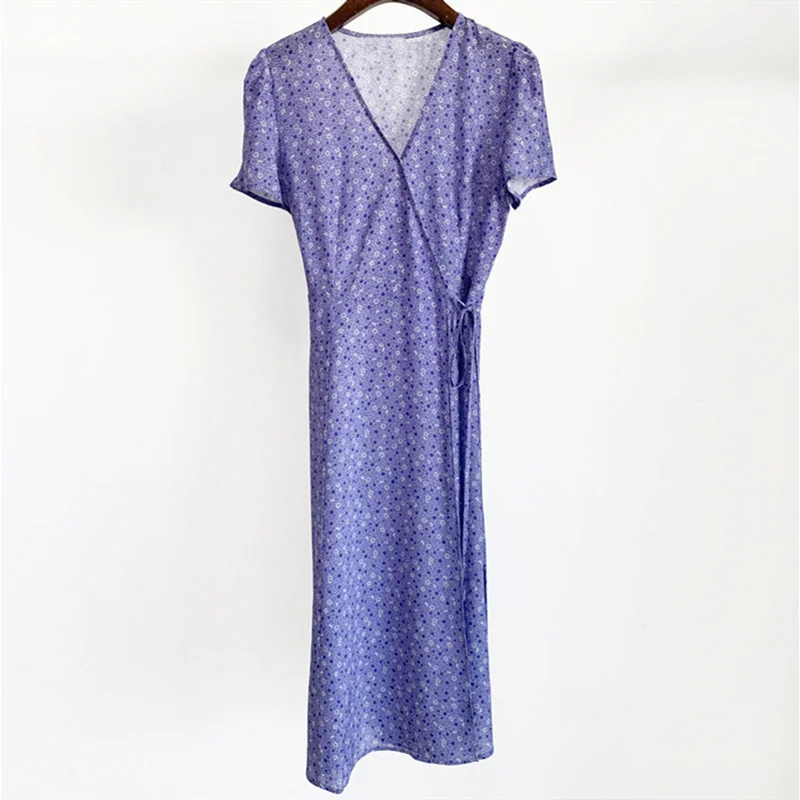 

Silk Dresses Women's One-piece Wrap Short Sleeve Floral Print Slim Elegant Lace-up V-neck Lady Sundress