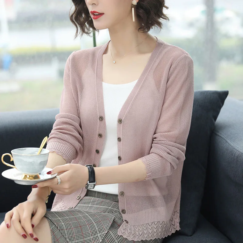 

Casual Women Summer Knitted Cardigan Thin Long Sleeve Open Stitch Short Sleeve Korea Solid Free Size Thin Cardigans Femme