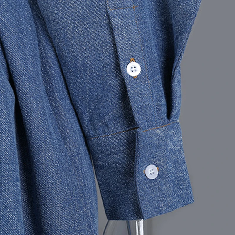 

CHICEVER Denim Blue Dress For Women Lapel Lantern Long Sleeve High Waist Sashes Elegant Mid Dresses Female 2021 Autumn Clothing